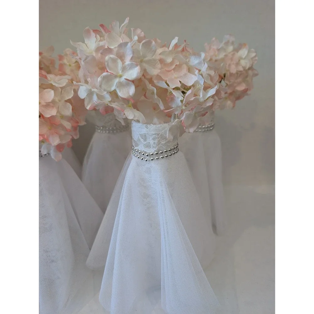 Set of 8 Blush Pink Wedding Centerpieces, Lace Tulle Vase Decor, Romantic Floral